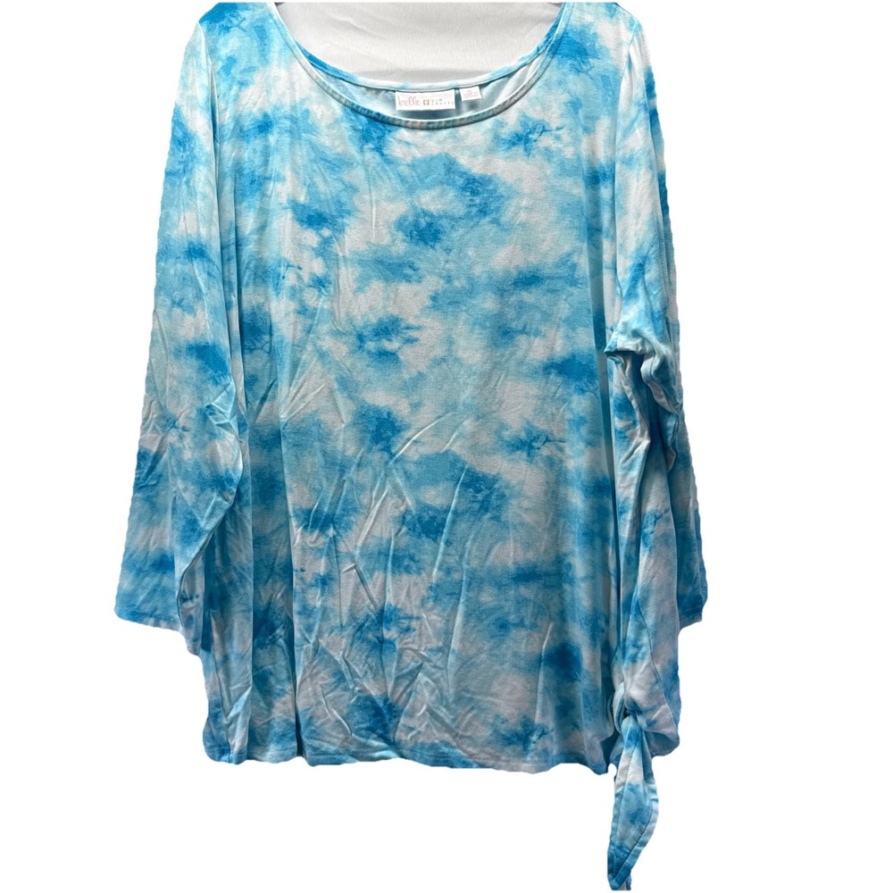 Bell Kim Gravel Women's Top Sz XL Blue White Tie Dye Stretch Side Tie 3/4 Sleeve